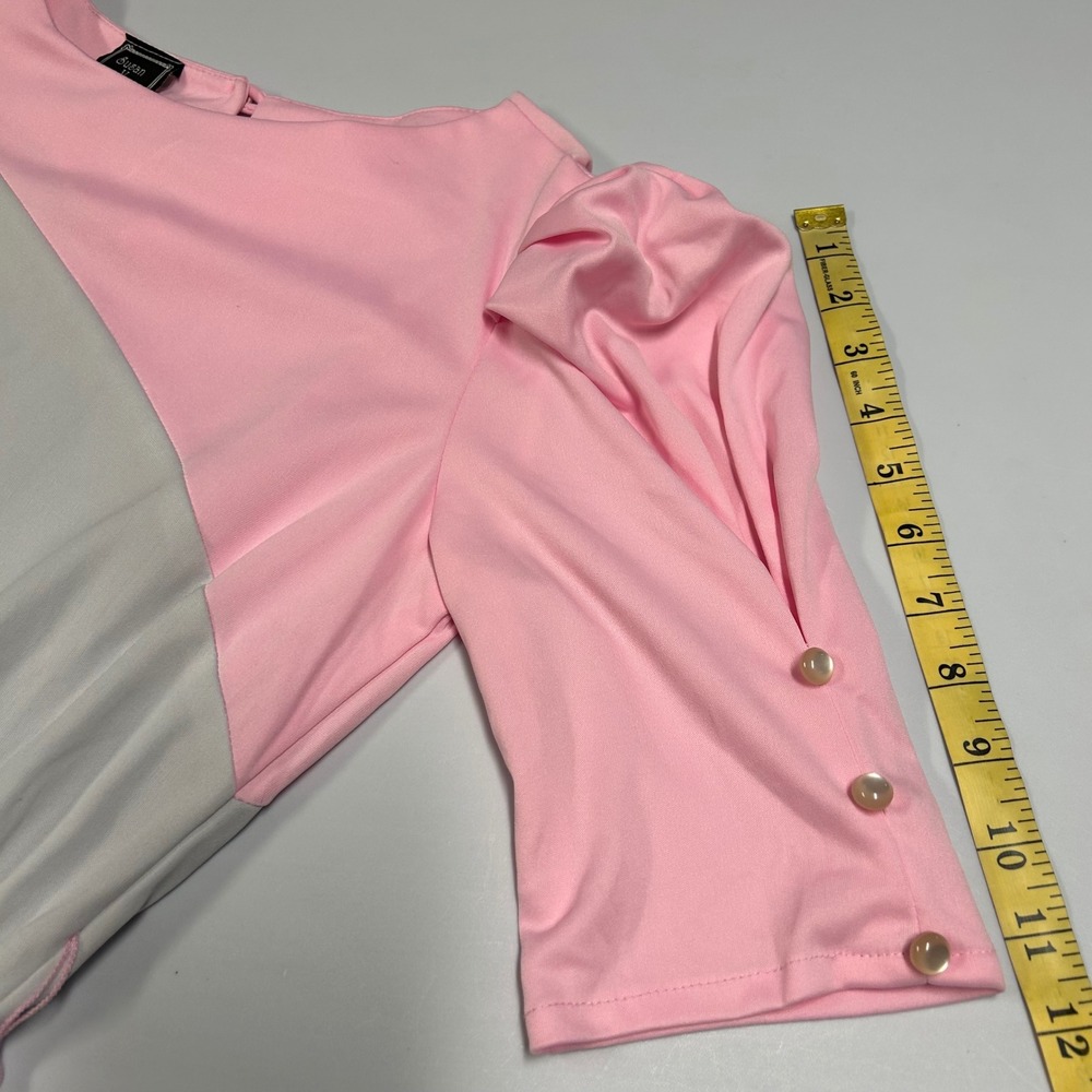 Vintage Susan Leonard 80s Midi Dress Diagonal Colorblock Puff Sleeve 9 (L) USA - Picture 10 of 10